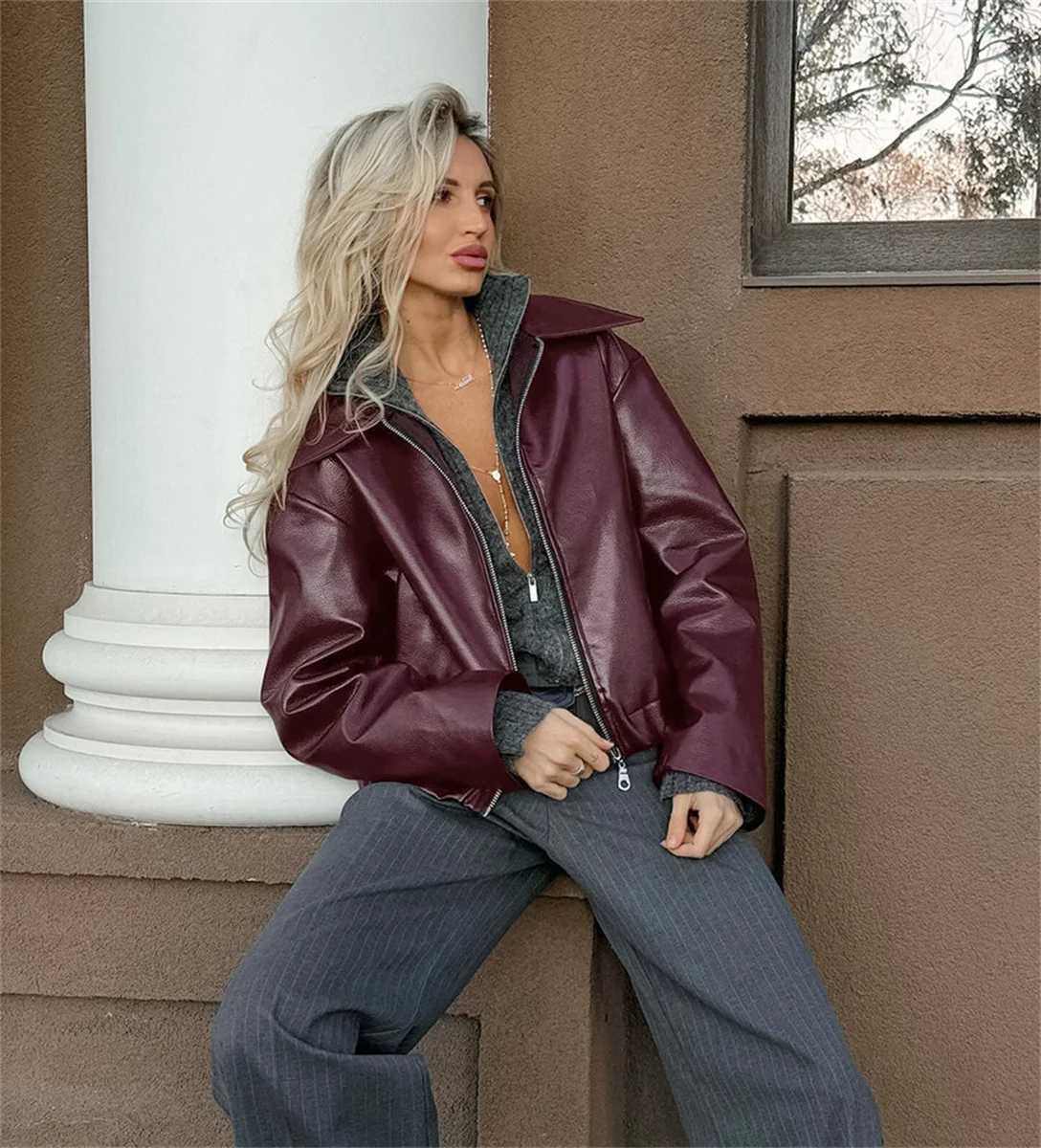 Women Vintage Wine Red Faux Leather Jakcet Fashion Outerwear Zipper Lapel Pu Coats Autumn Winter Streetwear Ladies Short Tops J251124