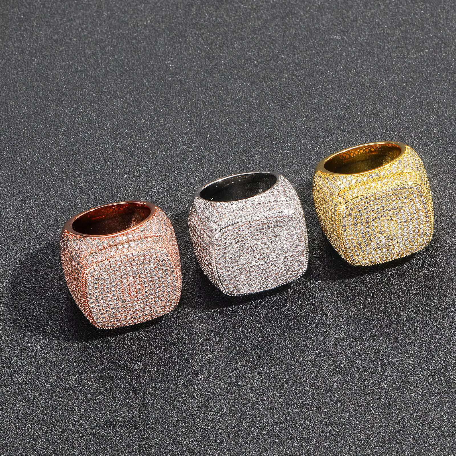 BES Hip Hop Fashion Square Shape Brass Ring Iced Out Zircon 18 K Gold Plated Mens Ring Jewelry Party