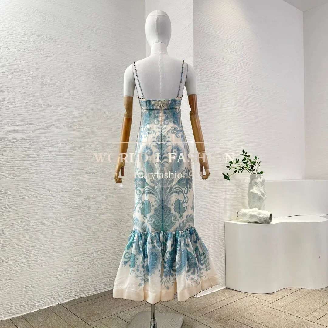 2025 New Fashion Blue Paisley Print Sleeveless Mermaid Hem Ruffles Beading Midi Dress