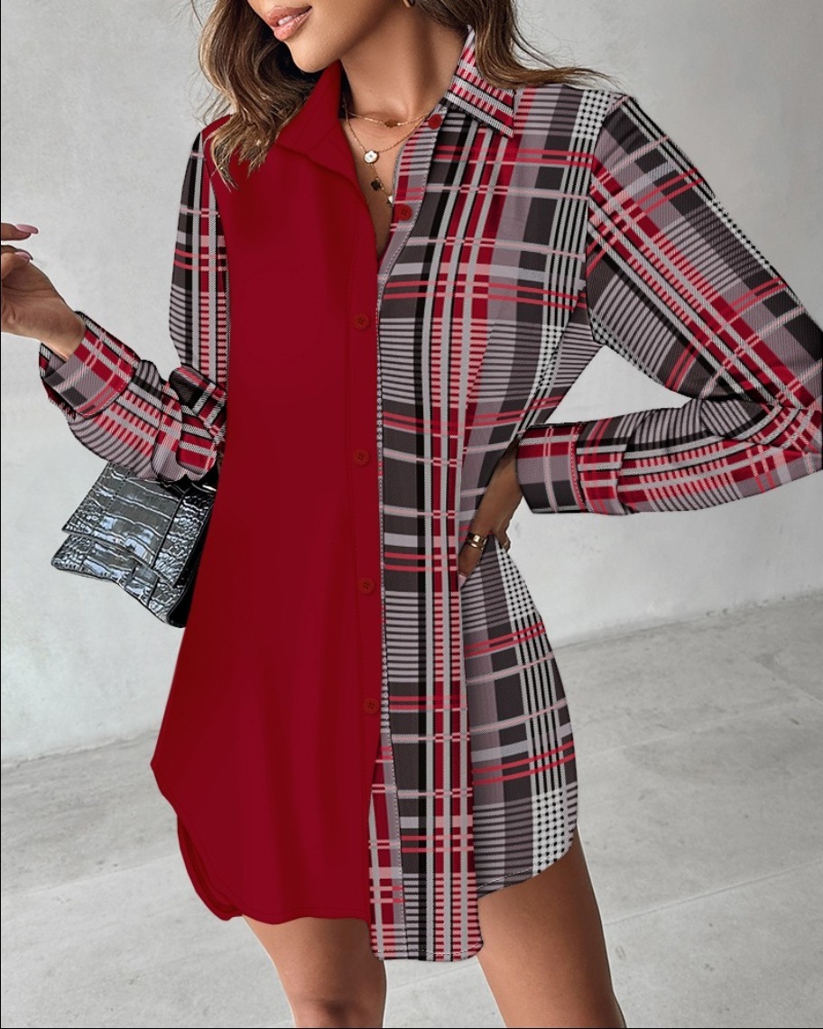 2023 autumn and winter long sleeved printed patchwork button dress womens shirt