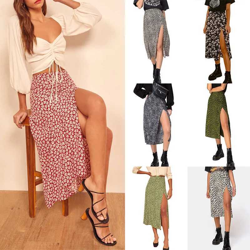Retro leather summer leopard print high waisted stretch long womens A-Line skiing fashion beach Maxi skiing M250424