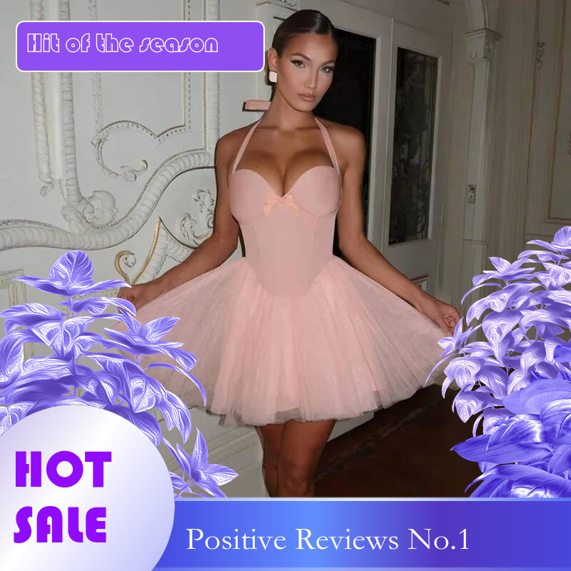Dongdumaoyi Townlike Waist Wrap A Line Dress Women Halter Mini Spring Summer Mesh Patchwork Nightclub Sexy Party Dresses
