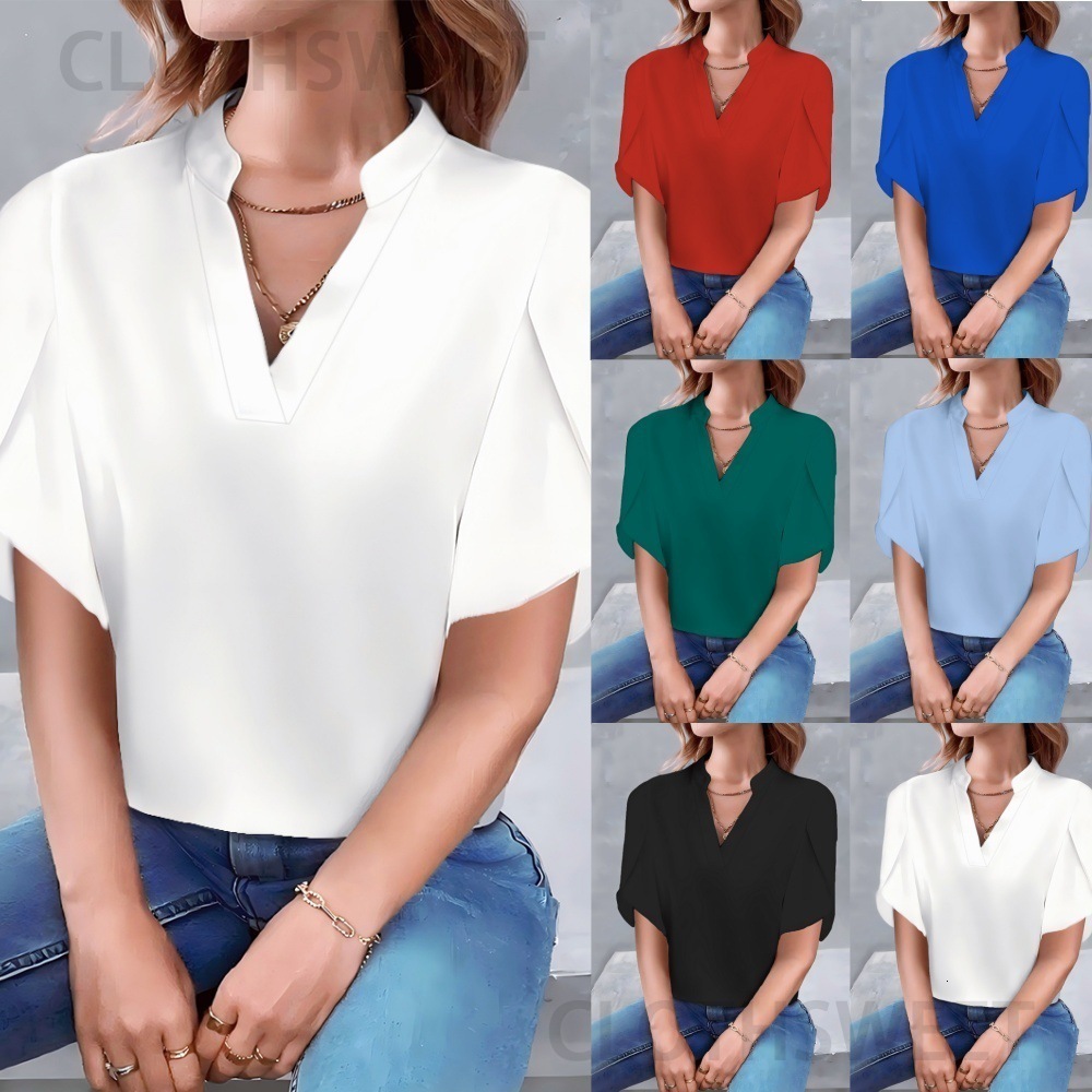 2025 Summer Fashion Simple V-neck Petal Sleeve Solid Color Womens Shirt Womens Shirt