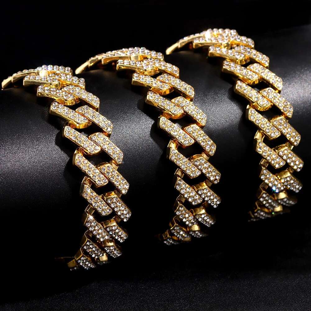 Gold Color Rhinestones Paved Prong Miami Cuban Link Chain Necklace For Women Men Iced Out 2 Row Rhombus Cuban Chain Gift Jewelry
