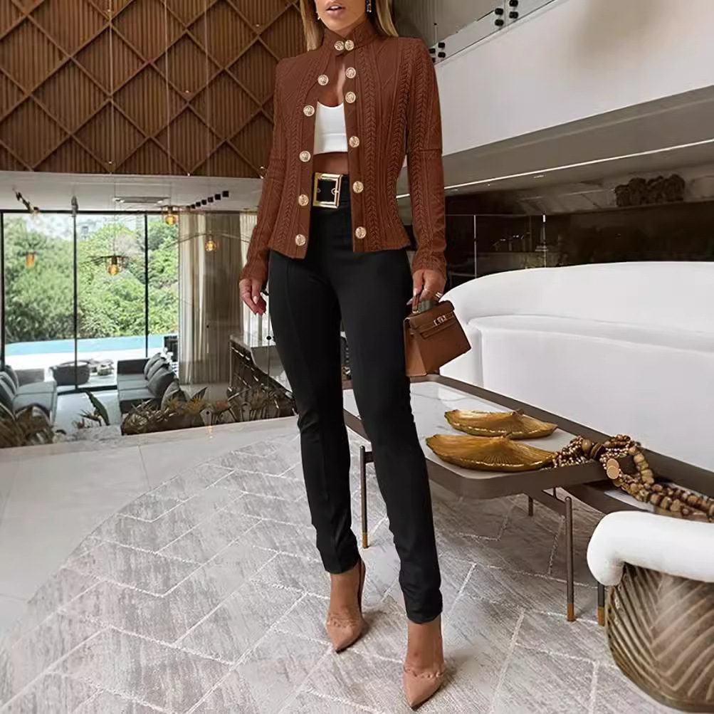 2024 metal buckle decoration stand collar long sleeved slim fit jacket womens clothing