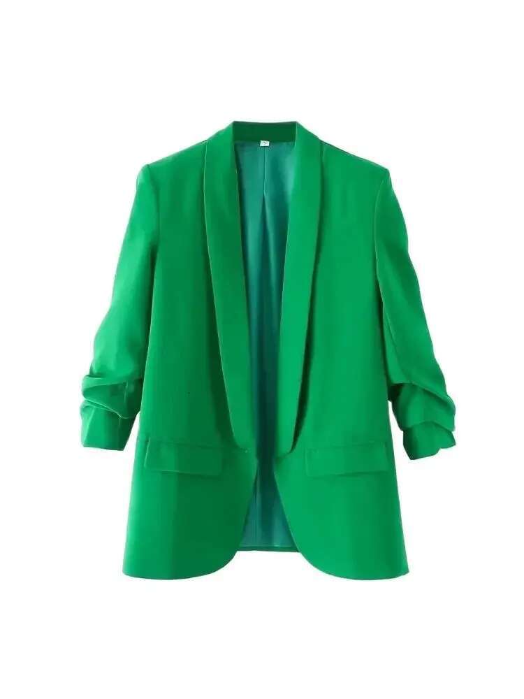 TRZA Women Fashion Office Wear Open Blazer Coat Vintage Long Pleated Sleeves Flap Pockets Female Outerwear Chic Tops