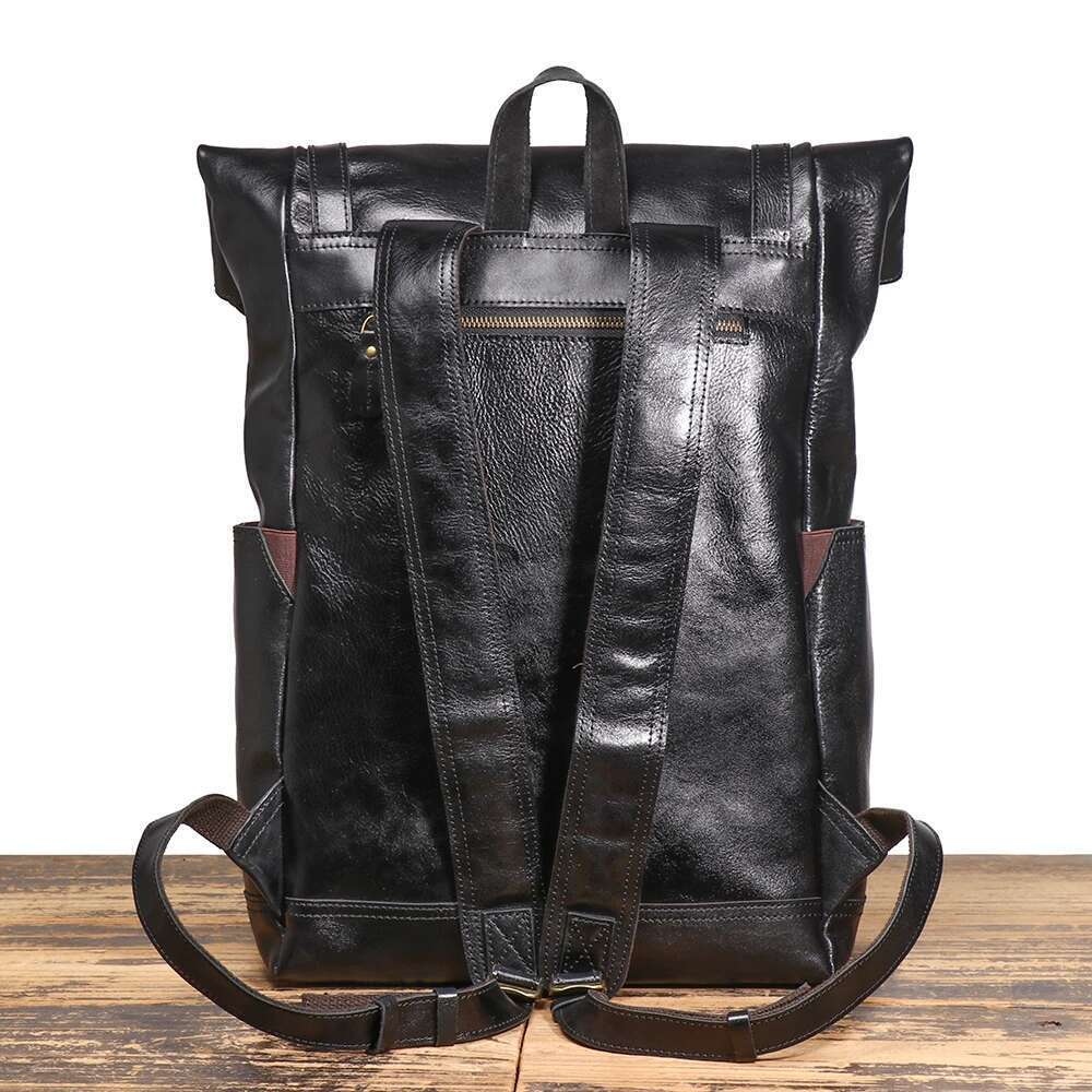 LUOKIR Genuine Leather Men's Large Capacity Backpack, First Layer Cowhide Outdoor Travel School Bag, 17-inch Laptop Bag
