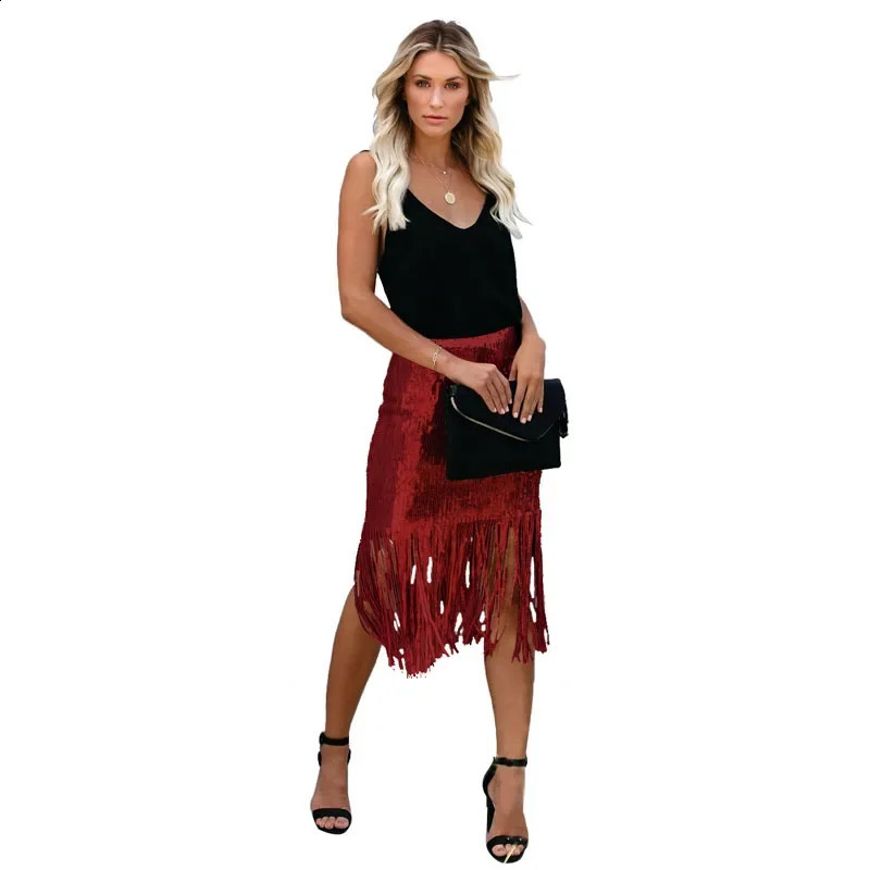 French Chic Sequined Fringe Skirt for Women High Waist Sheath Miniskirt Ladies Sexy Club Dance Rave Party 250421