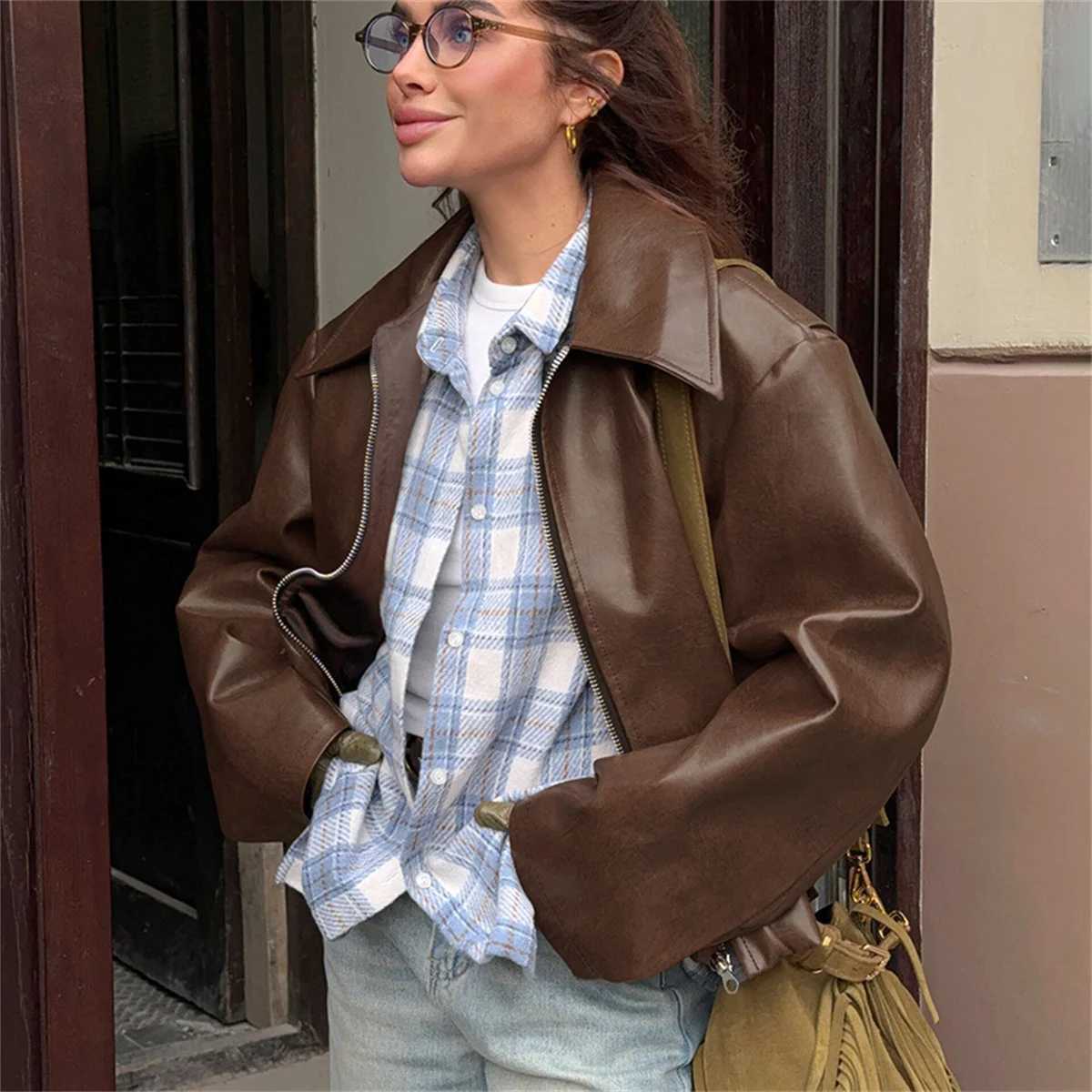 Women Vintage Wine Red Faux Leather Jakcet Fashion Outerwear Zipper Lapel Pu Coats Autumn Winter Streetwear Ladies Short Tops J251124