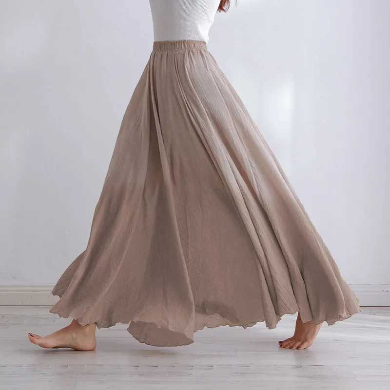 cotton linen long skirt for womens casual elastic high waisted pleated A-Line beach skirt Boho Saia Feminina Faldas Jupe M250424