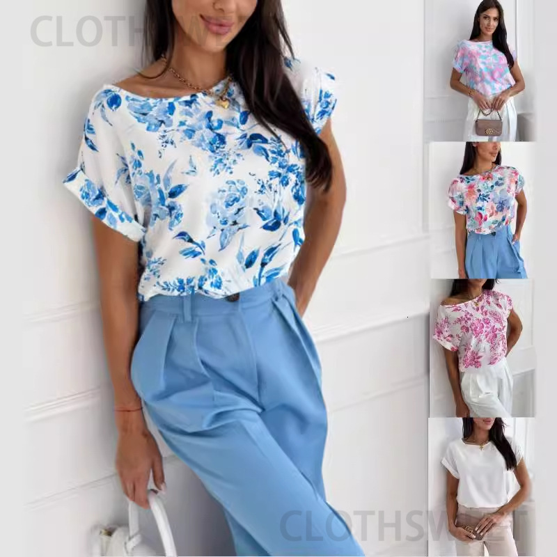 2024 Summer Simple Fashion Printed Round Neck Loose Shirt Womens Top