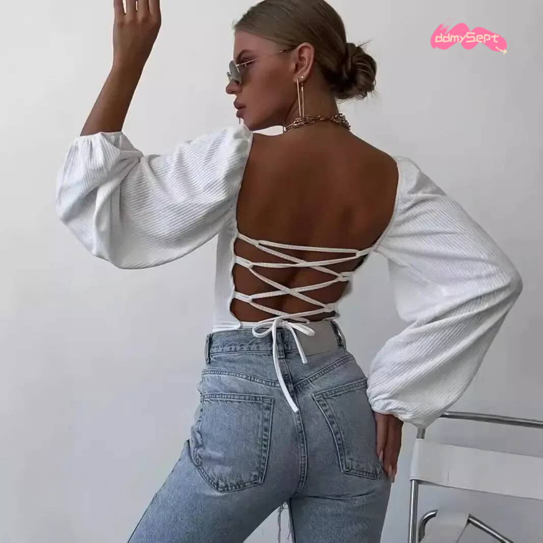 Sexy Ins Trendy Two-Way Wear Ladies T-Shirt Sensible Square Collar Open-Back Fitted Waist Long Sleeve Top ddmysept