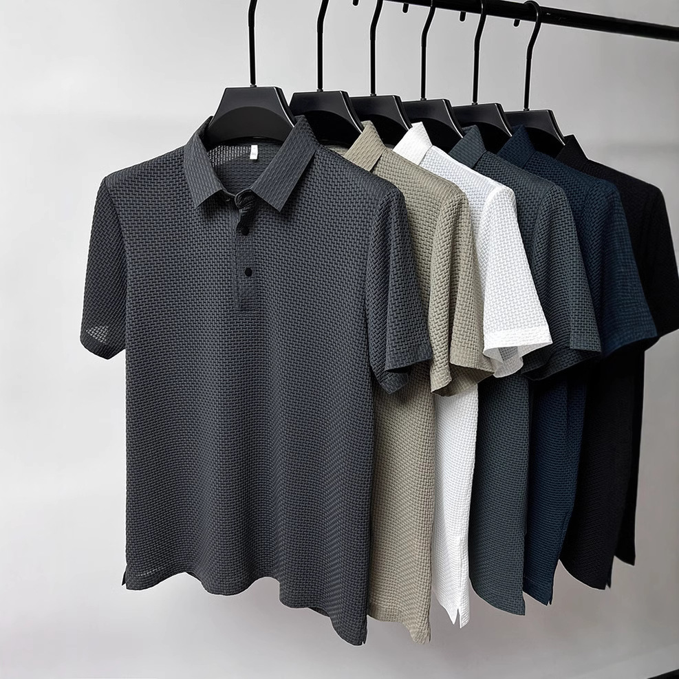 New Summer Mesh Breathable T Shirt For Men Ice Silk Short Sleeve Cool down Men's Shirt Collar Solid Polo Shirt
