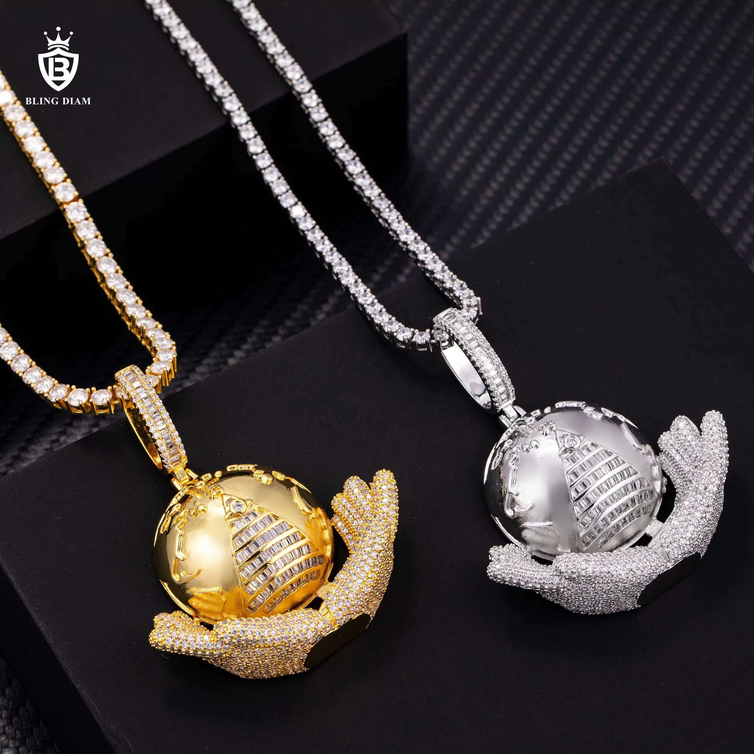 Wholesale Custom Pendant Iced Out Jewelry Hip Hop Brass Full VVS Moissanite Diamond Mens Necklace Set Earth Pendant