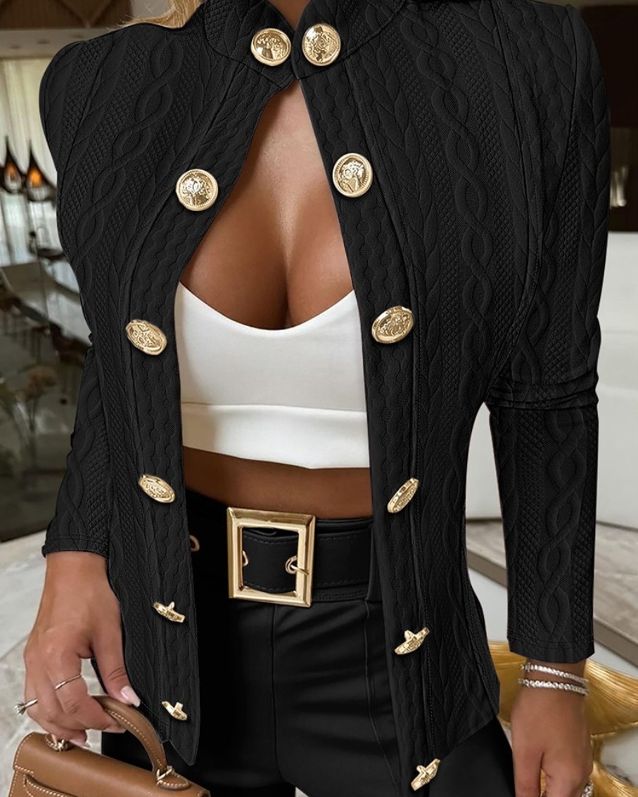 2024 autumn and winter metal buckle decoration stand collar long sleeved slim fit jacket womens clothing