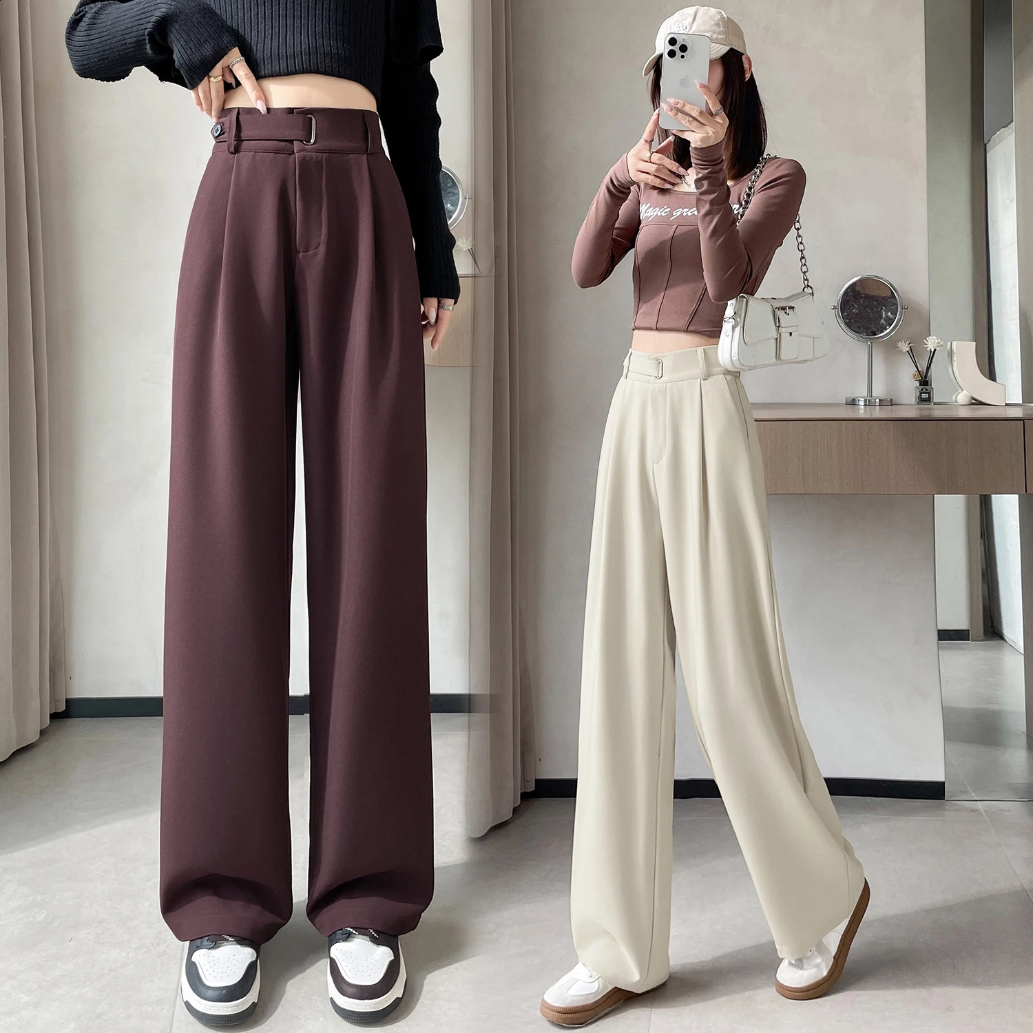 High Waist Button Suit Wide Leg Womens Full Pants Spring Autumn Red Female Elegant Minimalism Straight Loose Trousers 250421