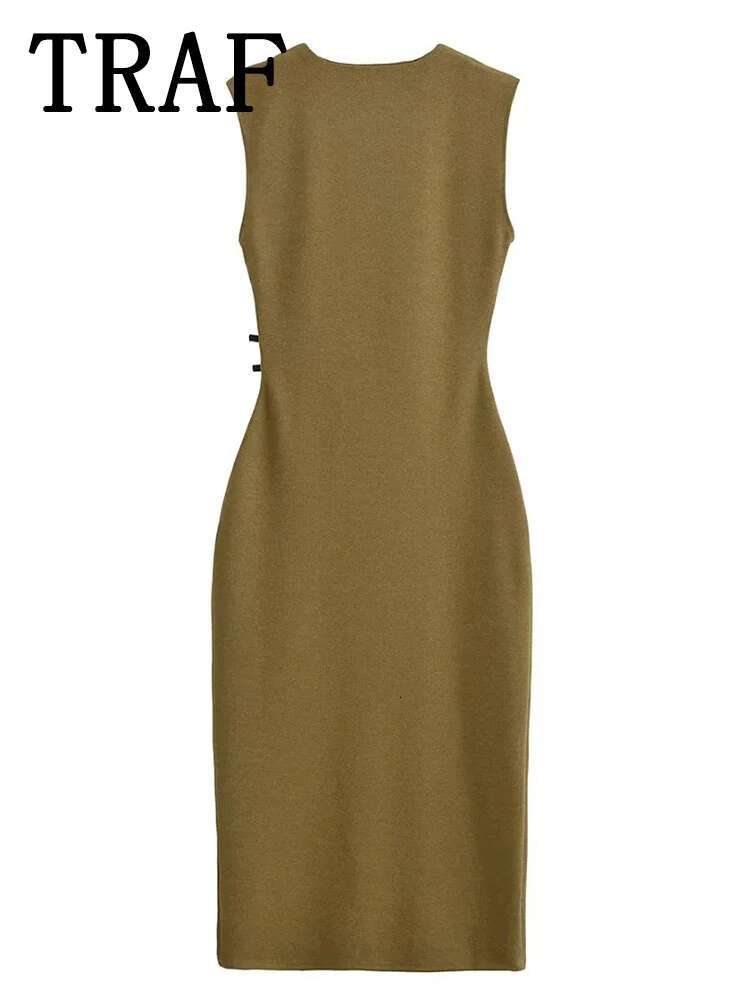 TRAF Woman Dress Sleeveless Ruched Long For Women 2025 Spring Midi Fitted Elegant Party Dresses