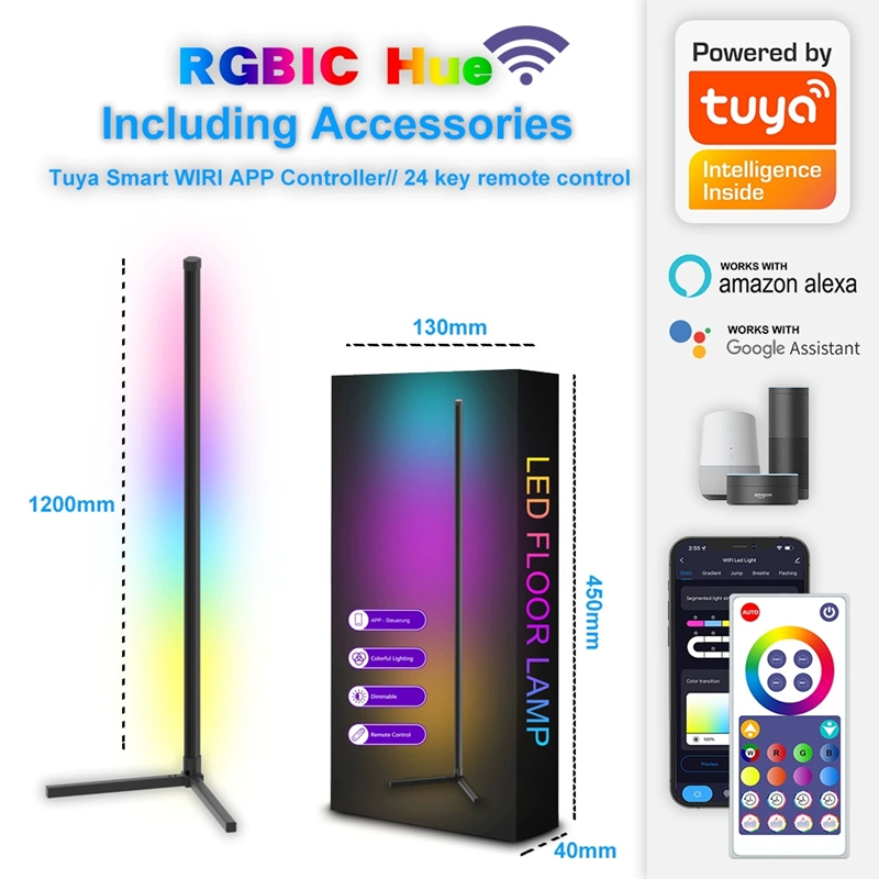 1.2M 1.6M Smart Corner Floor Lamp RGB Ambient Light with Tuya WiFi or Blue Tooth Game Room Standing Lamp Wall Decor Lighting