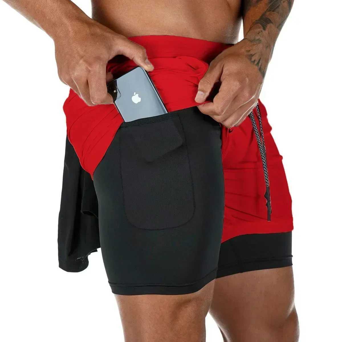 Compression shorts mens 2-in-1 performance shorts pocket drawstring quick dry running training summer sportswear M-3XL T250424