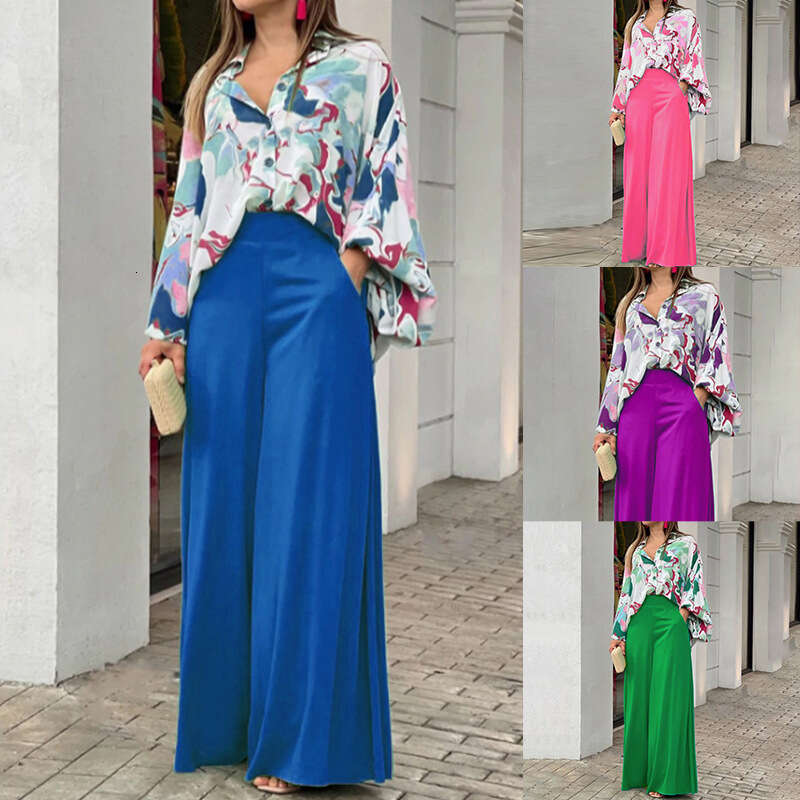 2025 Women's Autumn Printed Shirt Elegant Wide Leg Pants Fashion Casual Set