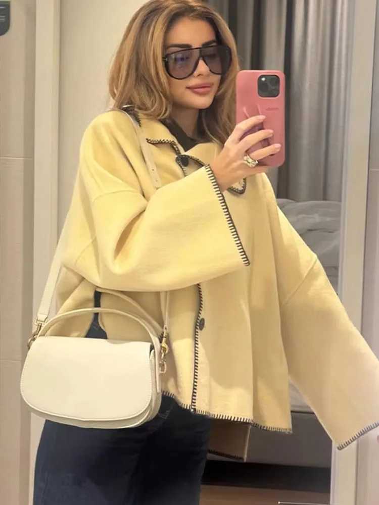 HH Elegant Womens Loose High Collar Woolen Jacket 2025 Autumn Winter Long Sleeve Wide Shoulder Office Lady Street Outwears J251124