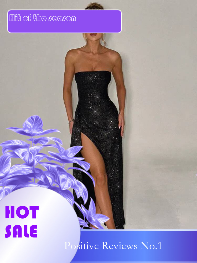 Dongdumaoyi Townlike Sparkle Glitter Split Sexy Party Dress Women Strapless Summer Slim Bodycon Elegant Midi Long Dresses