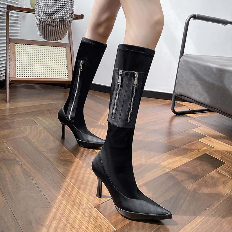 Woman Sandals Women S Knee High For Autumn And Winter New Zipper Pointed Slim Elastic Boots Silk High Heeled Long Tube Boots
