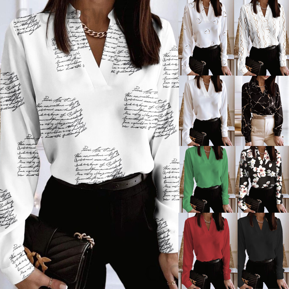 2022 spring long sleeve V-neck loose Print Shirt Blouse women