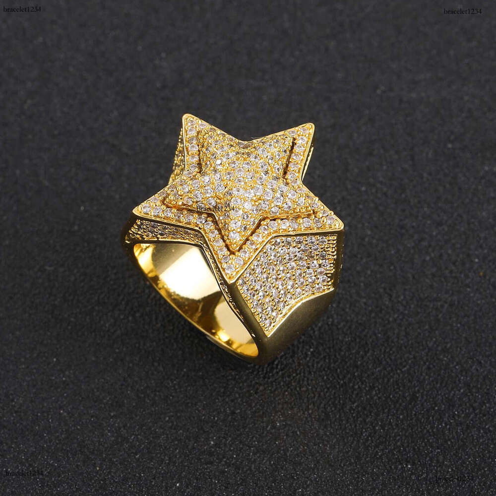 Luxury designer Hip Hop Ice out VVS Moissanite 3D five-point star double copper plated real gold Men women Hip hop rings