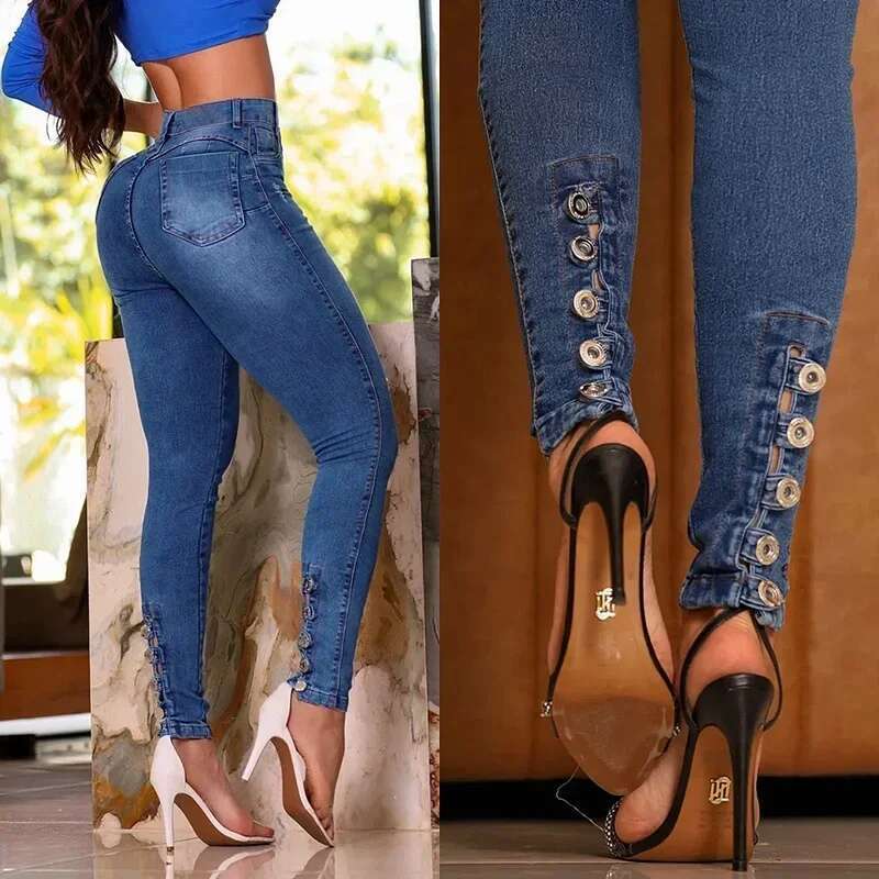 Designer Clothes Spring 2025 Fashion Button Women Casual Skinny Pencil Pants High Waist Slim Stretch Denim Trouserslady Butt Lifting Jeans