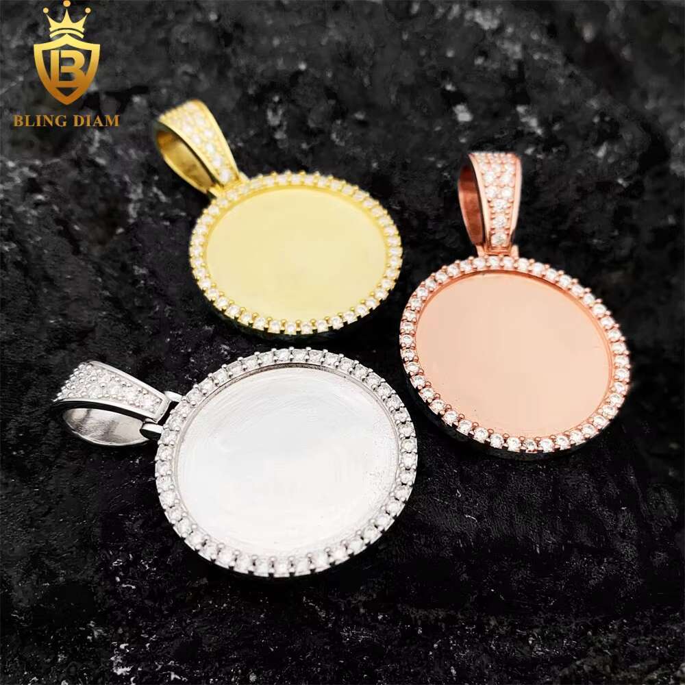 Custom Jewelry Picture Memory Circle Pendant With Chain Vvs Moissanite Diamond 925 Sterling Silver Rose Gold Plated