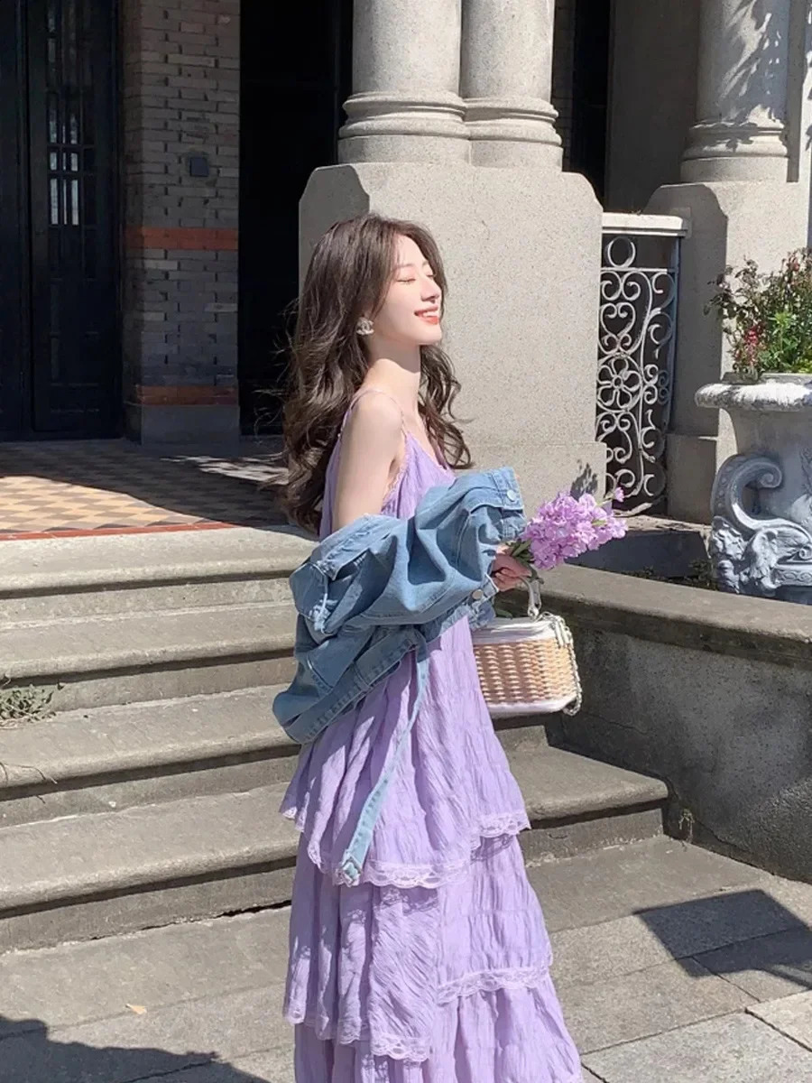 Elegant ruffled lace ribbon dress for women in fashion solid sleeveless long dress French sweet girl vest summer holiday dress 250423
