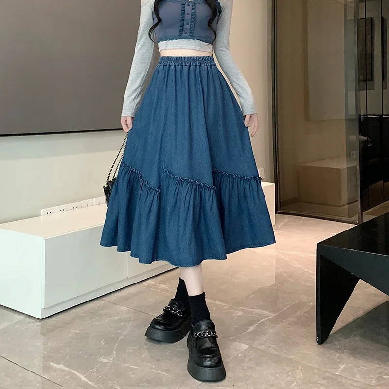 2024 Simple Versatile Wood Ear Denim Skirt mid length wide hem umbrella semi elastic waistband waist 250417