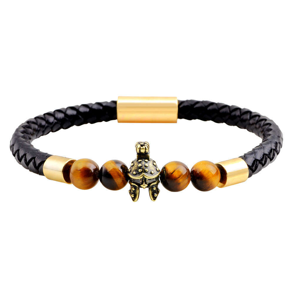 Nimei New Roman Personalized Fashion Knight Helmet Black Matte Tiger Eye Stone Genuine Leather Bracelet