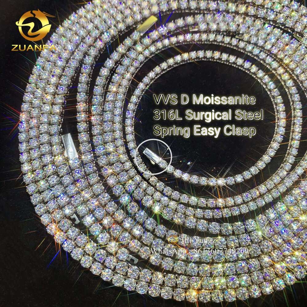 Zuanfa Jewelry Spring Clasp Moissanite Tennis Chain Necklace 3mm 4mm 316L Surgical Steel Gift Idea Stainless Steel Jewelry