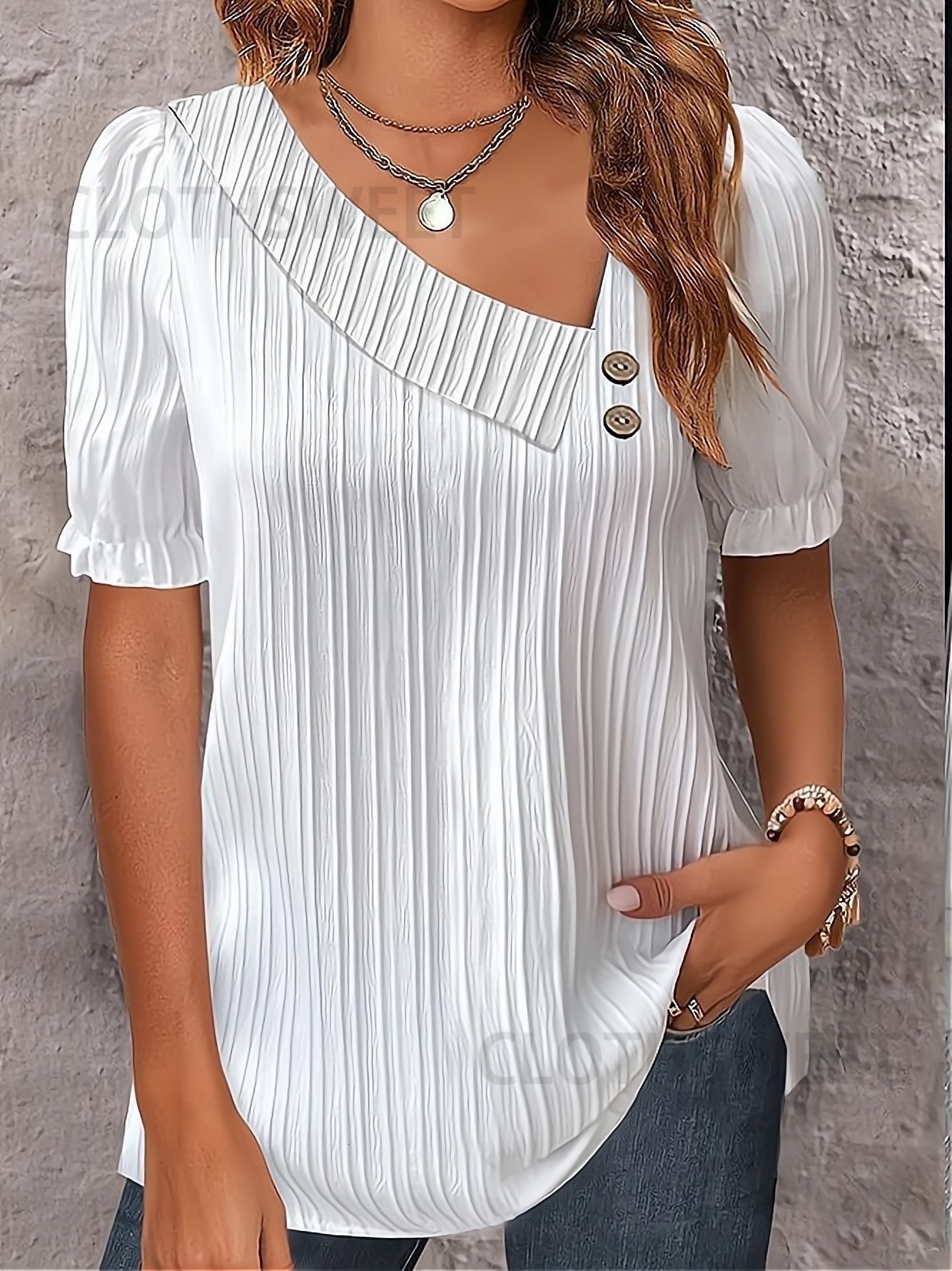 2023 summer simple V-neck button solid color shirt for womens clothing