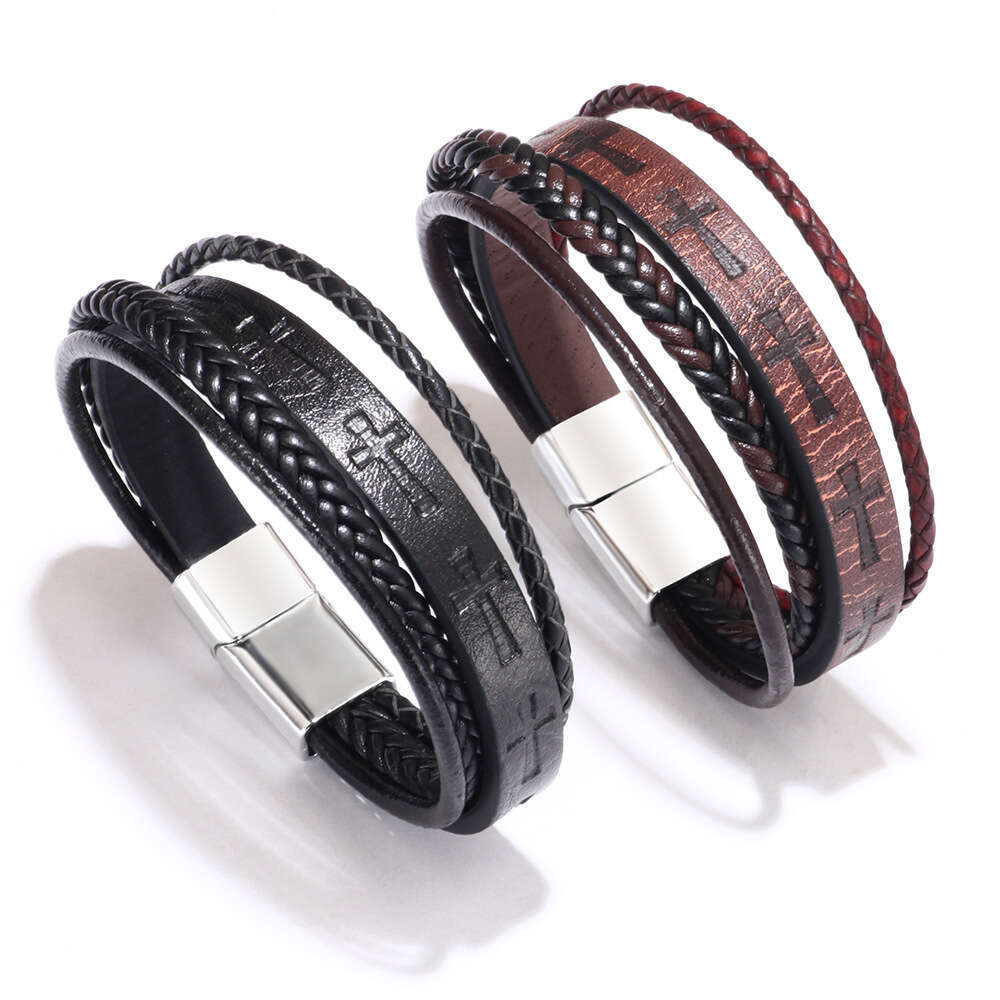 Hot selling fashion bracelets, men's handmade woven cross, leather bracelet, alloy magnetic buckle bracelet