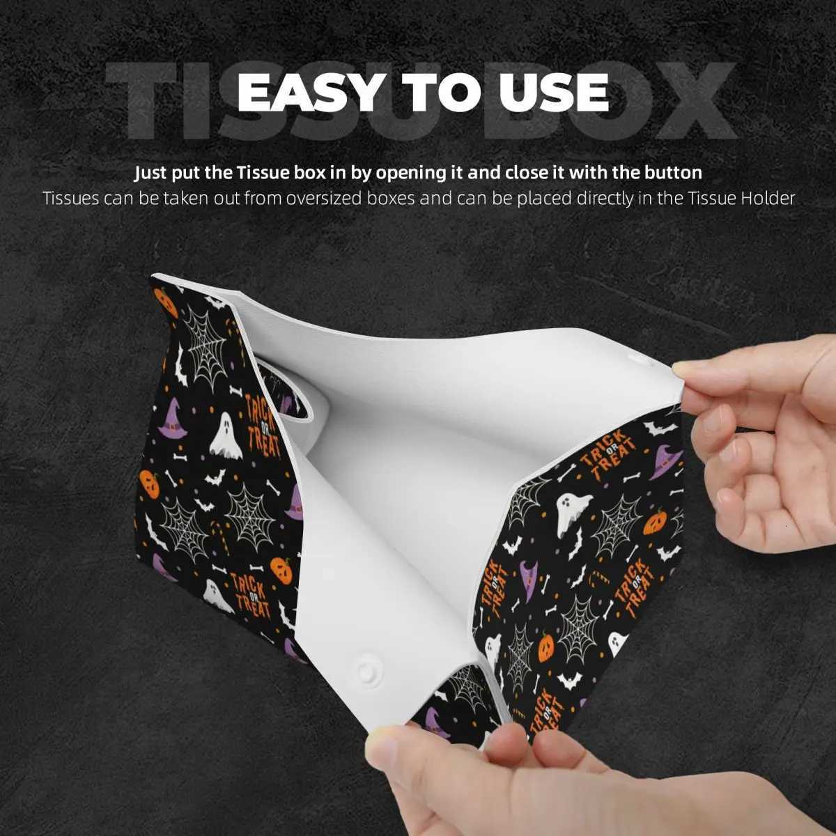 Custom Ghosts Bats Skull Halloween Party Tissue Box Holder Rectangular PU Leather Facial Tissue Box Cover for Car BathroomM251124