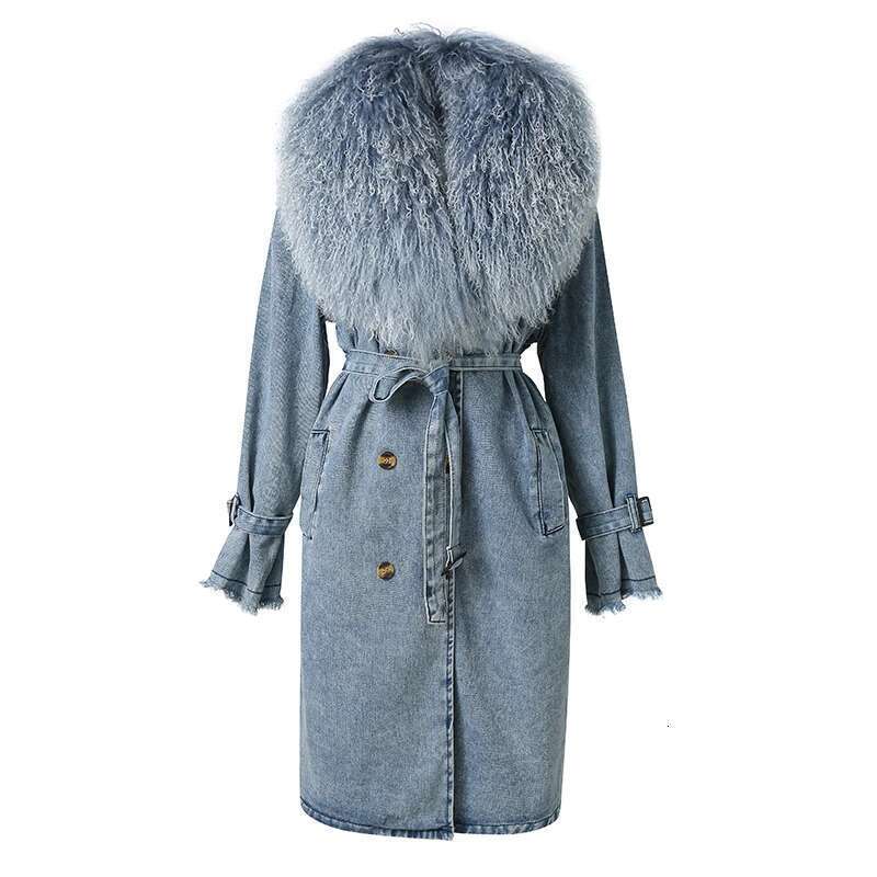 Lady Fashion Mongolian Denim Jacket Spring Autumn Long Trench Coat With Fur Detachable Collar