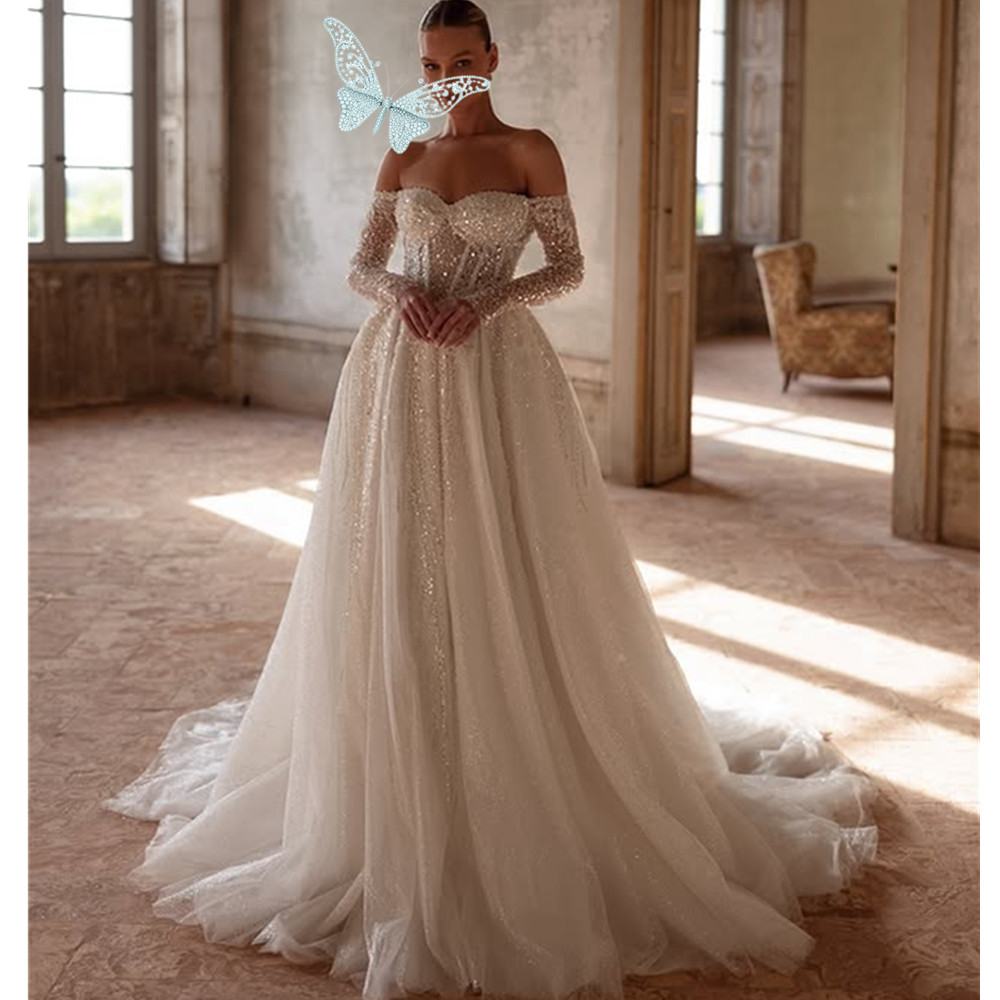 Luxurious Sexy Beads Wedding Dresses Sheer Appliques A Line Glitter Arabic Dubai Bridal Gowns Second Reception Dress Vestidos De Noiva