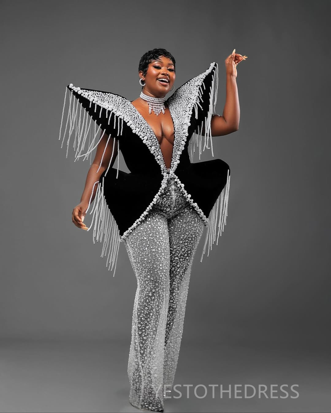 African Aso Ebi Plus Size Prom Dresses Black Jumpsuits V Neck Sexy Pearls Sequined Lace Evening Formal Gowns for Nigeria Black Women Birthday Gowns AM