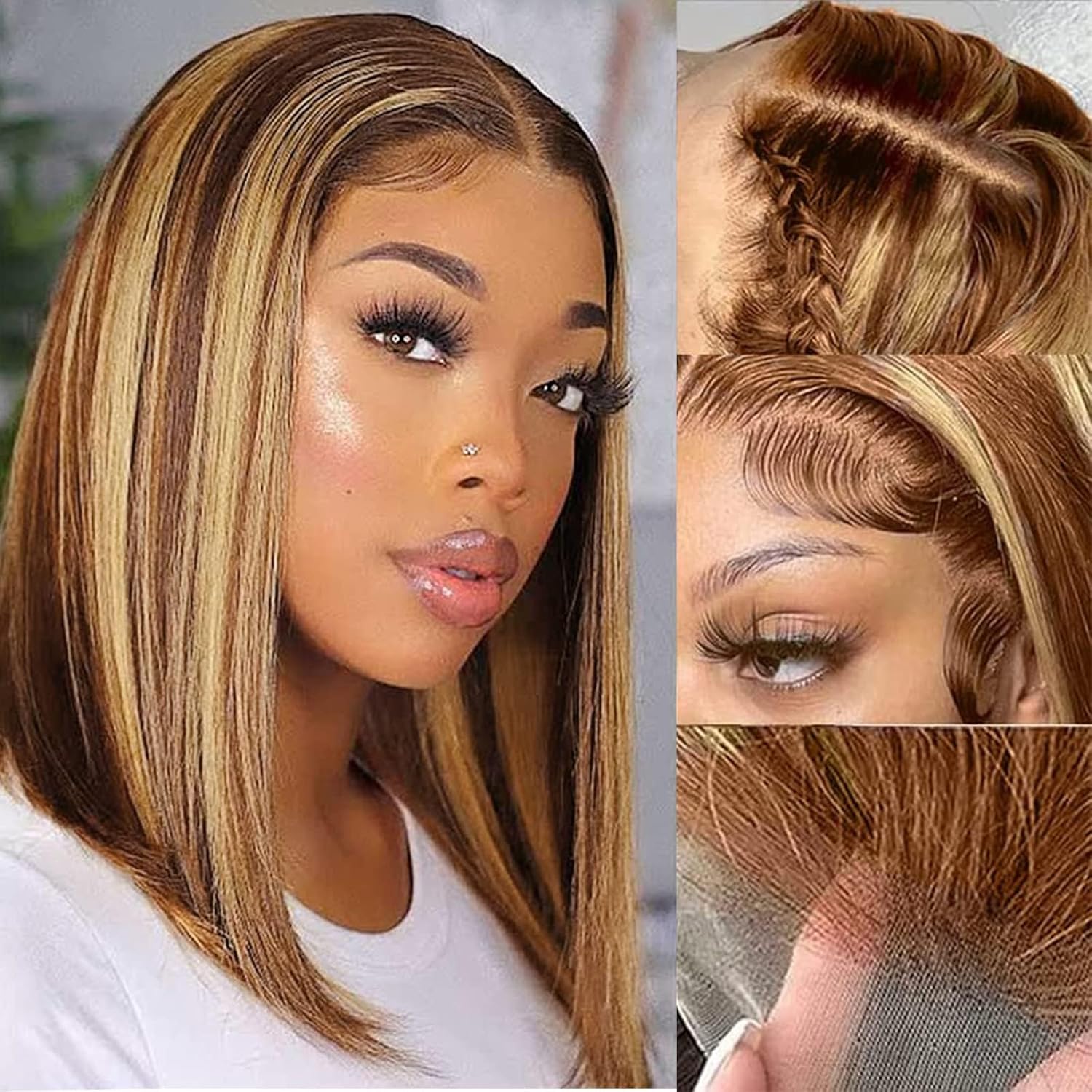13x4 Bob Wig Highlight Blonde Lace Front Brazilian Human Hair For Black Women Pre Plucked Short Wigs Natural Straight Hair HD Frontal Closure Wig Shor