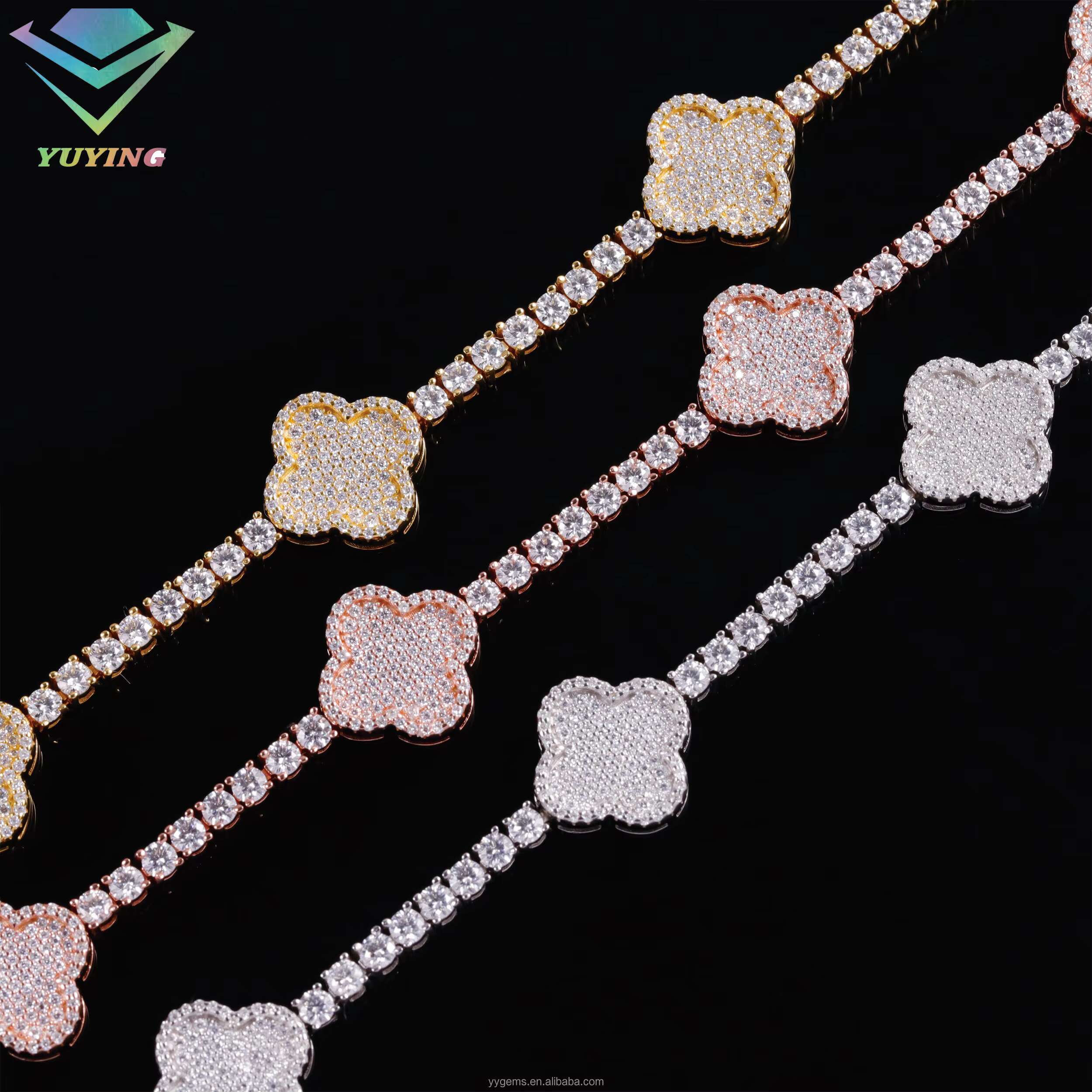 Fashion Four Leaf Gold Plated S925 Silver 3MM 4MM Mossanite Tennis Link Bracelet Clover Charms Tennis Chain Jewelry Bracelet