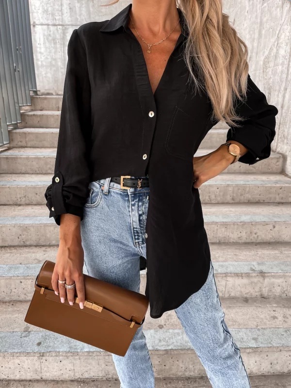 2022 Autumn simple solid color rolled sleeve V-neck button lapel shirt women