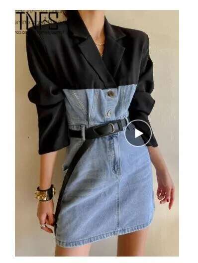 Getspring Women Notched Collar Denim Ed Single Breasted Long Sleeve Suit Dress Fashion Ladies Mini Dresses Autumn