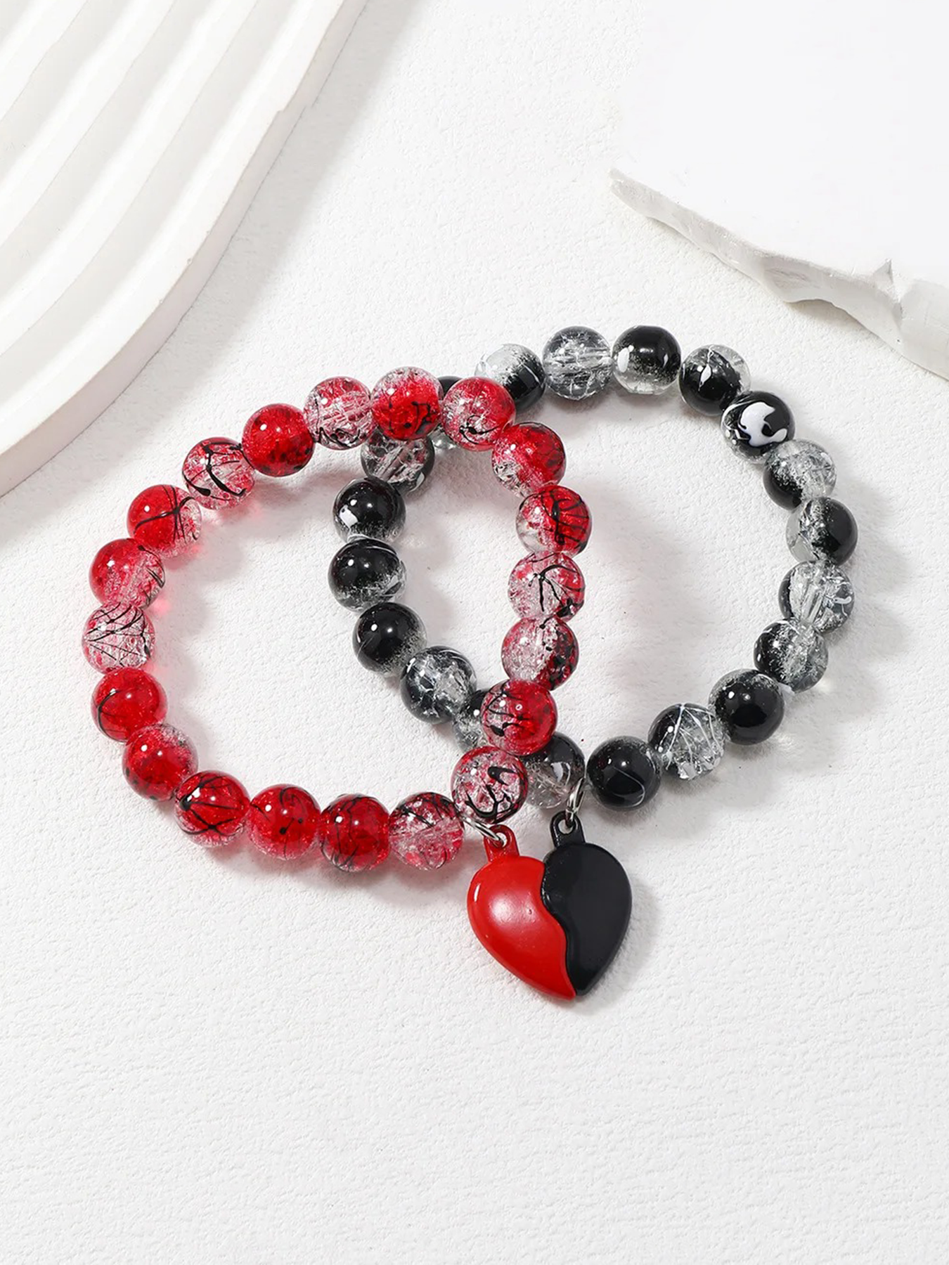 Couple - style Crackle Glass Bead Bracelets with Heart - shaped Pendant