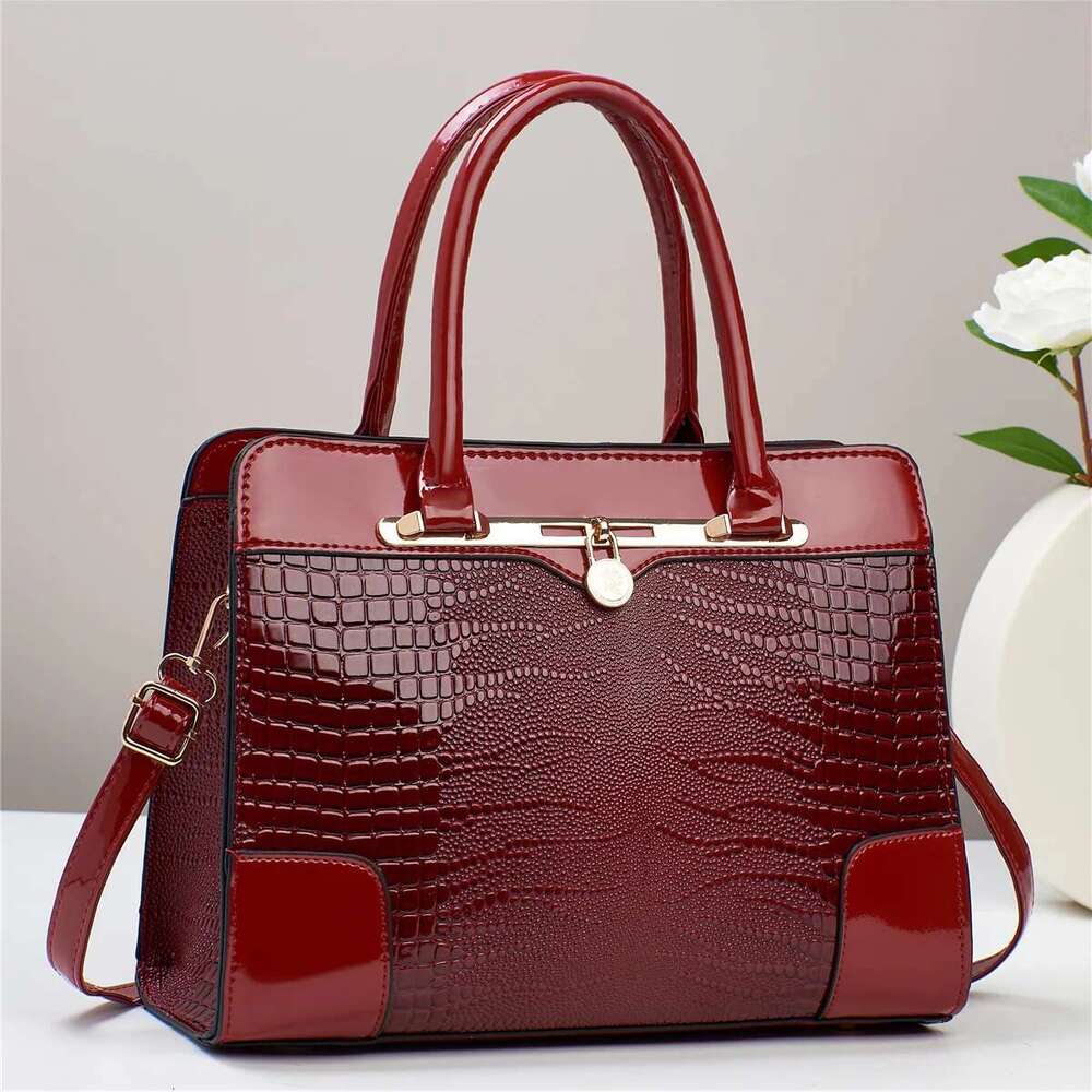 Luxury Designer Crocodile Pattern Handbag, Women Large Capacity Crossbody Bag, Fashion Glossy Satchel Purse