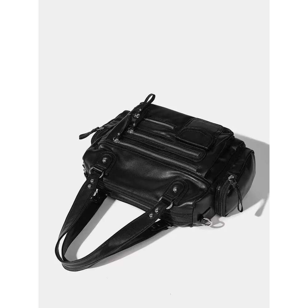 Designer Bag 2025 Black Punk Large Capacity Tote High Quality Multi Zipper Textured Leather Handbag Shoulder Messenger Female Cool Bag Luxury Bag