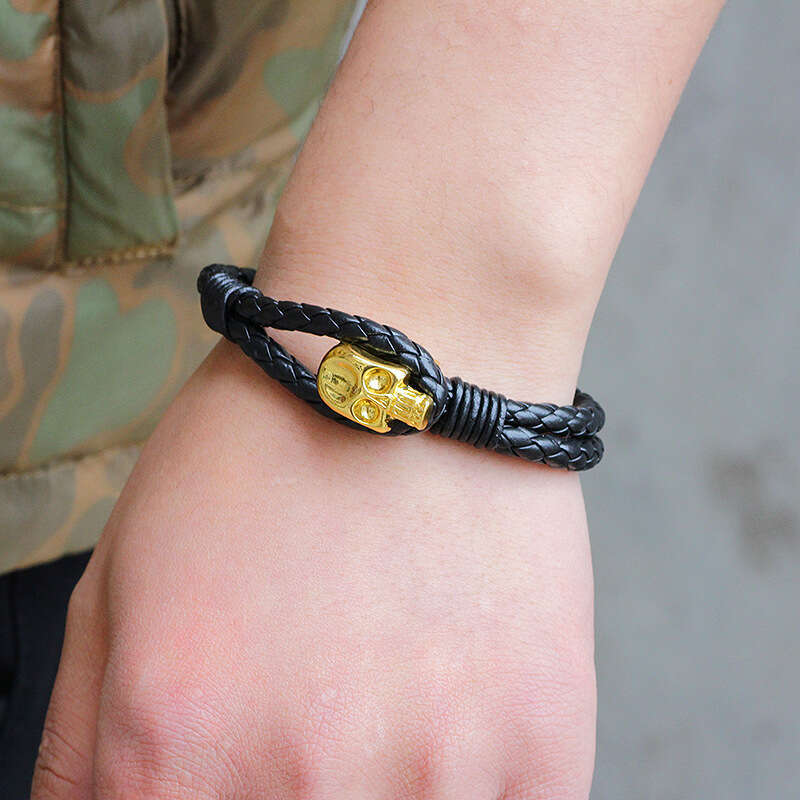 Temu hot selling personalized leather woven wristband skull head men's alloy buckle genuine cowhide bracelet trend