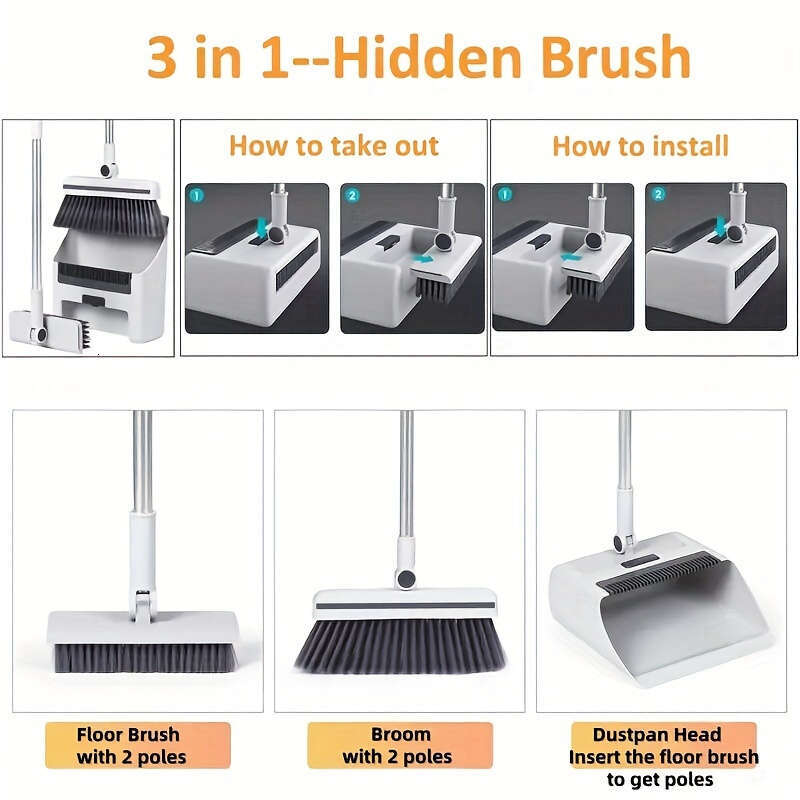 3-in-1 Ergonomic Long Handle Floor Kit High-Efficiency Broom, Dustpan & Brush Set for Home, Office, School, Dorms - Durable, Easy-to-Clean Household C